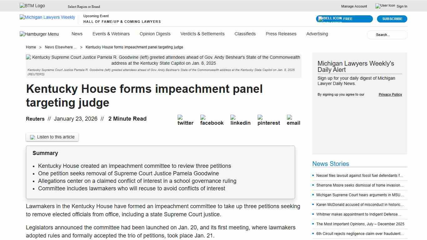 Kentucky House forms impeachment panel targeting judge Michigan Lawyers Weekly